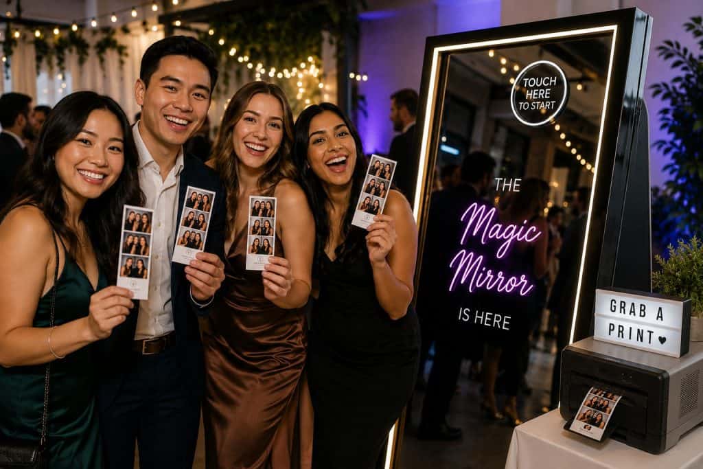 Photo Booth Rental Cost in Vancouver Photo booth rental cost in Vancouver with guests using a Magik Mirror photo booth