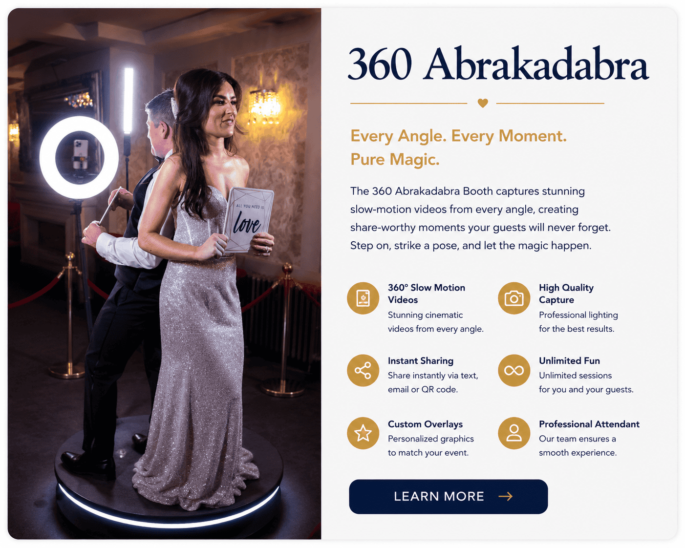 360 Abrakadabra video booth at a wedding featuring cinematic 360-degree videos, instant digital sharing, custom overlays, and a professional attendant by Magik Moments.