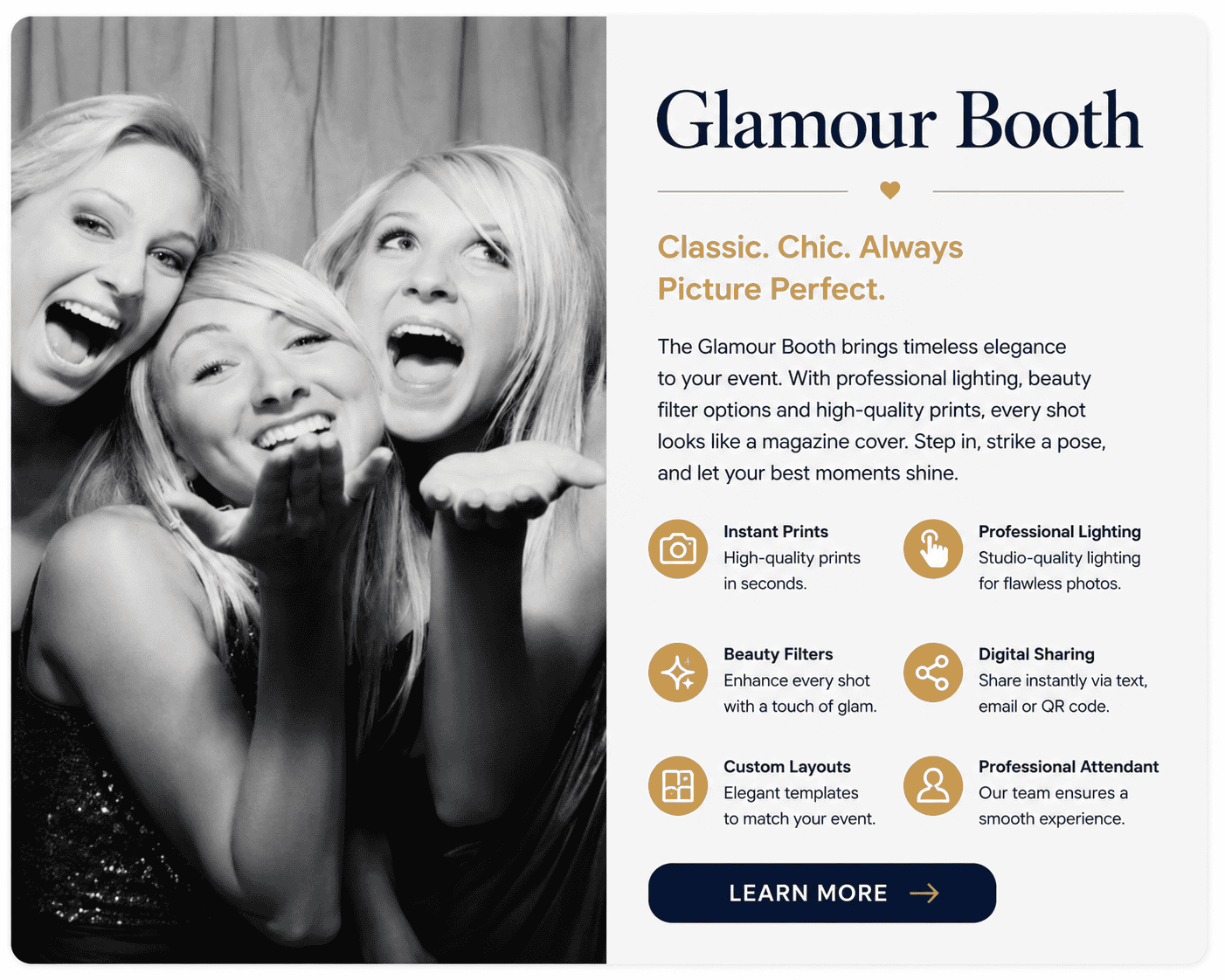 Glamour Booth black and white photo booth featuring studio-quality lighting, beauty filters, instant prints, and digital sharing by Magik Moments.
