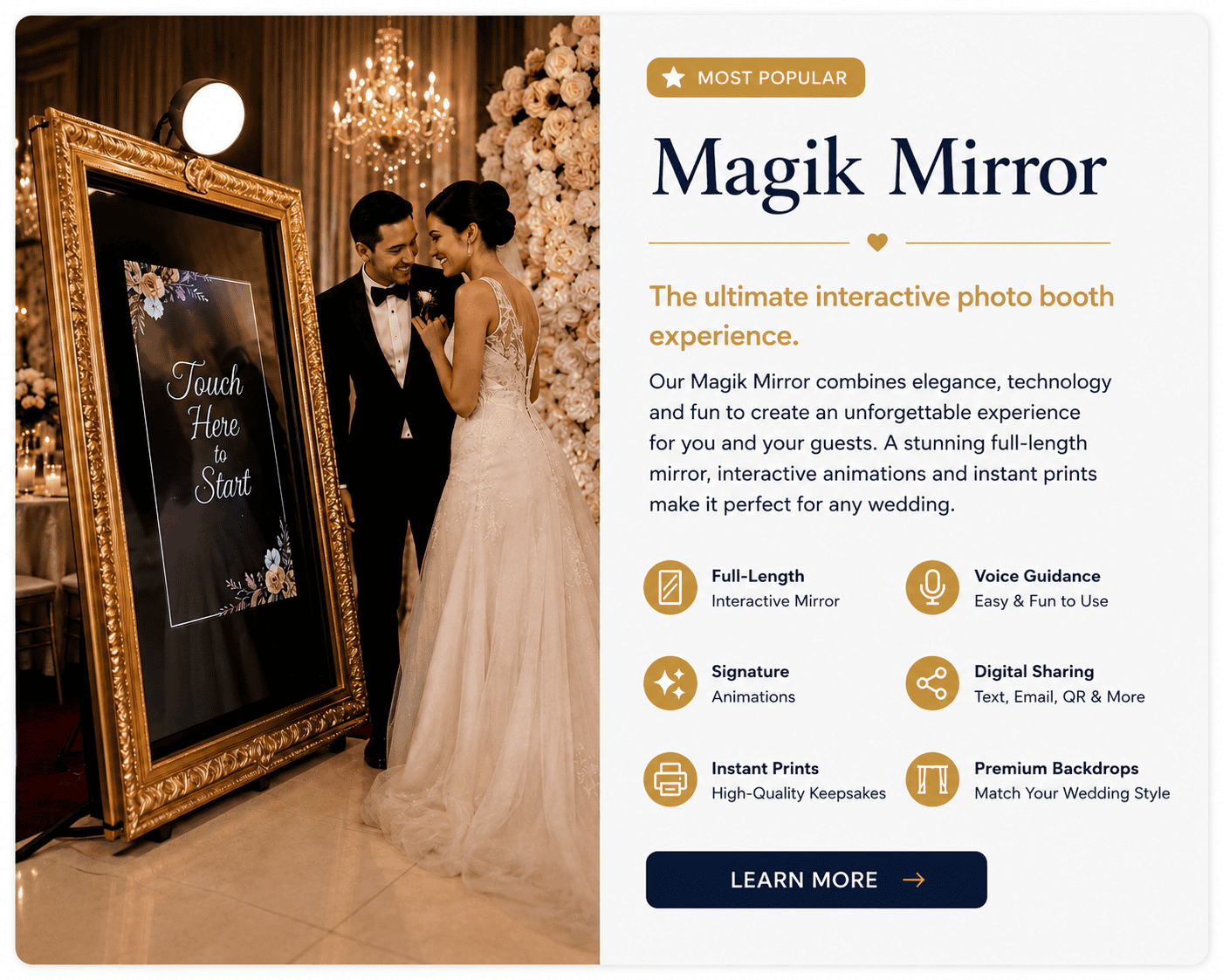 Magik Mirror wedding photo booth with interactive touchscreen, instant prints, digital sharing, and premium backdrop by Magik Moments in Vancouver.