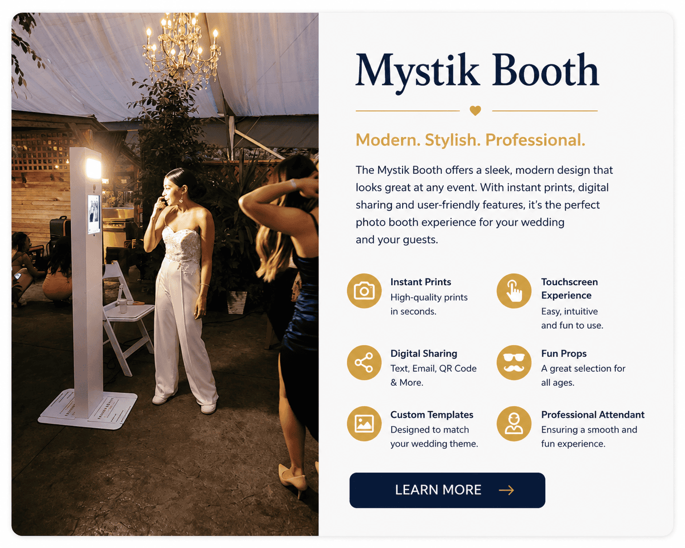 Mystik Booth wedding photo booth with instant prints, digital sharing, touchscreen experience, custom templates, and a professional attendant by Magik Moments.