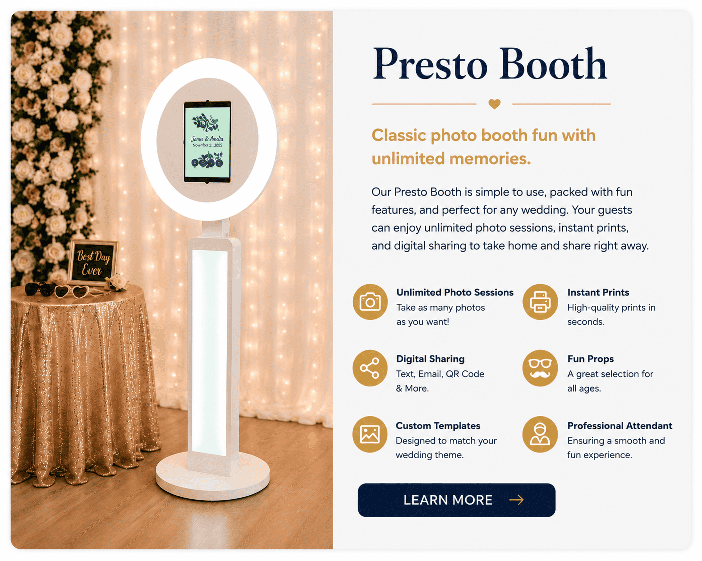 Presto Booth wedding photo booth with instant prints, unlimited photo sessions, digital sharing, custom templates, fun props, and a professional attendant by Magik Moments.
