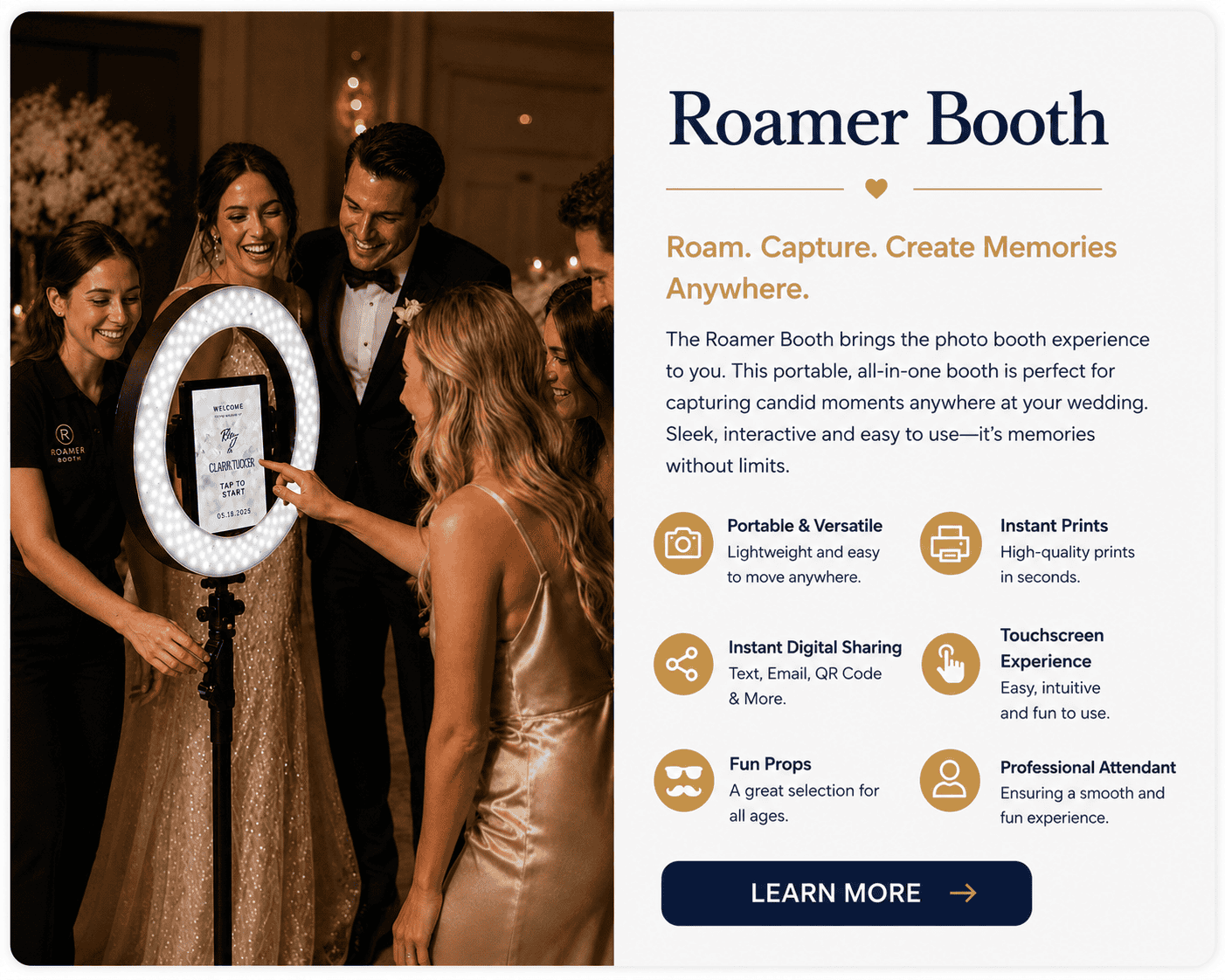 Roamer Booth portable photo booth with instant prints, digital sharing, touchscreen experience, and professional attendant by Magik Moments.